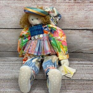 Small Wonders Suzie Rag Doll Soft Sculpture 21 inch Colorful Mixed Print Vintage